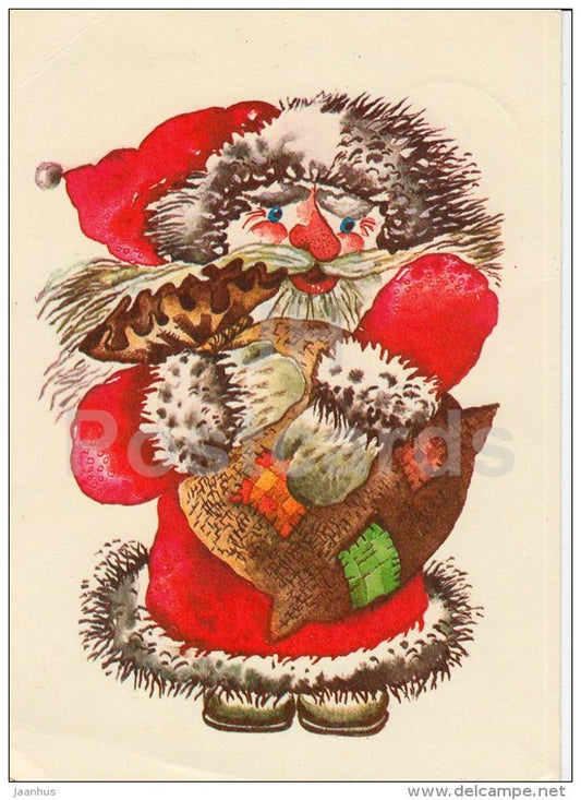 New Year Greeting card - 1 - by I. Raudsepp - Santa Claus - gifts - 1984 - Estonia USSR - used - JH Postcards