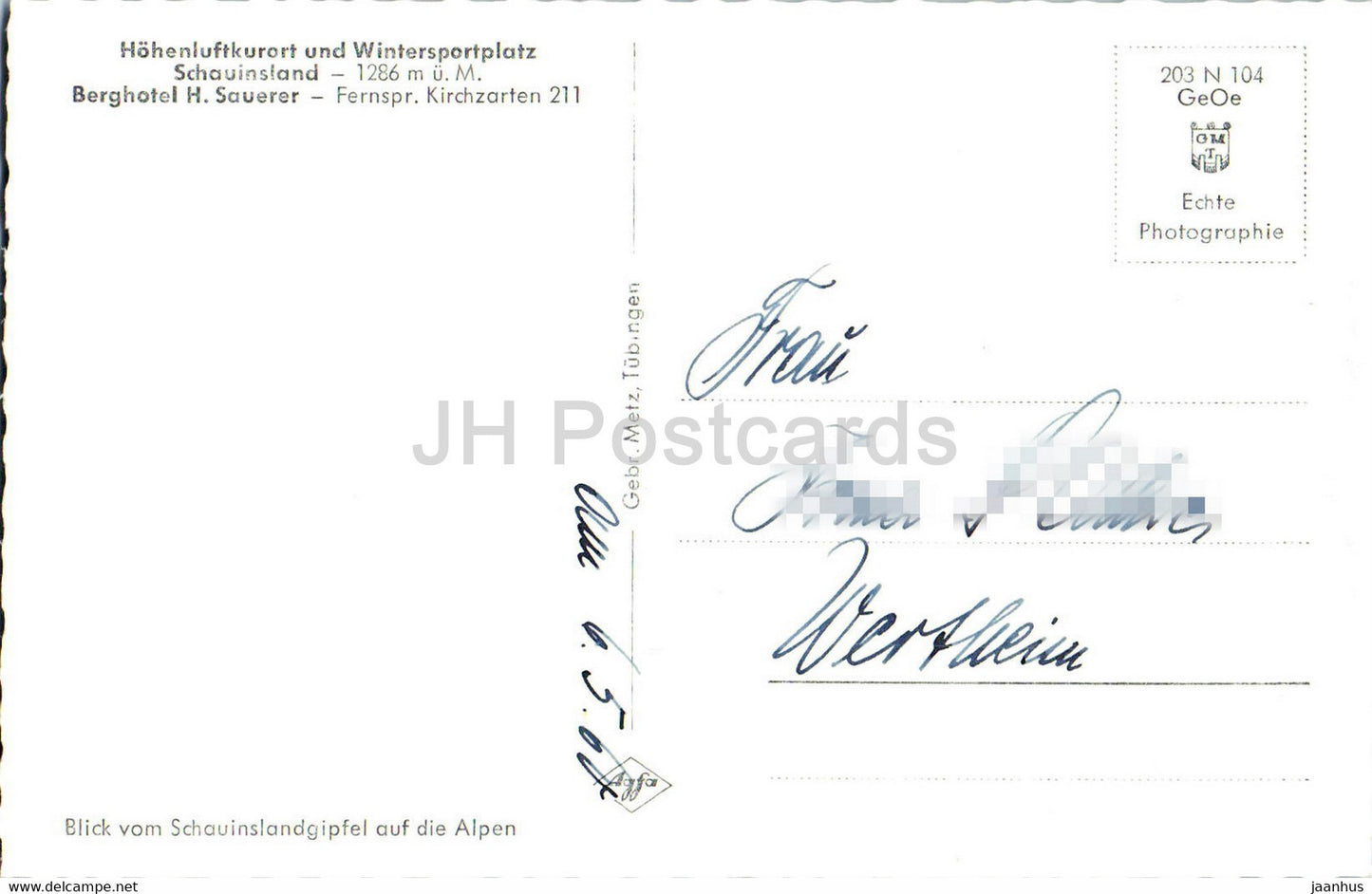 Schauinsland 1286 m - Berghotel H Sauerer - old postcard - 1960 - Germany - used