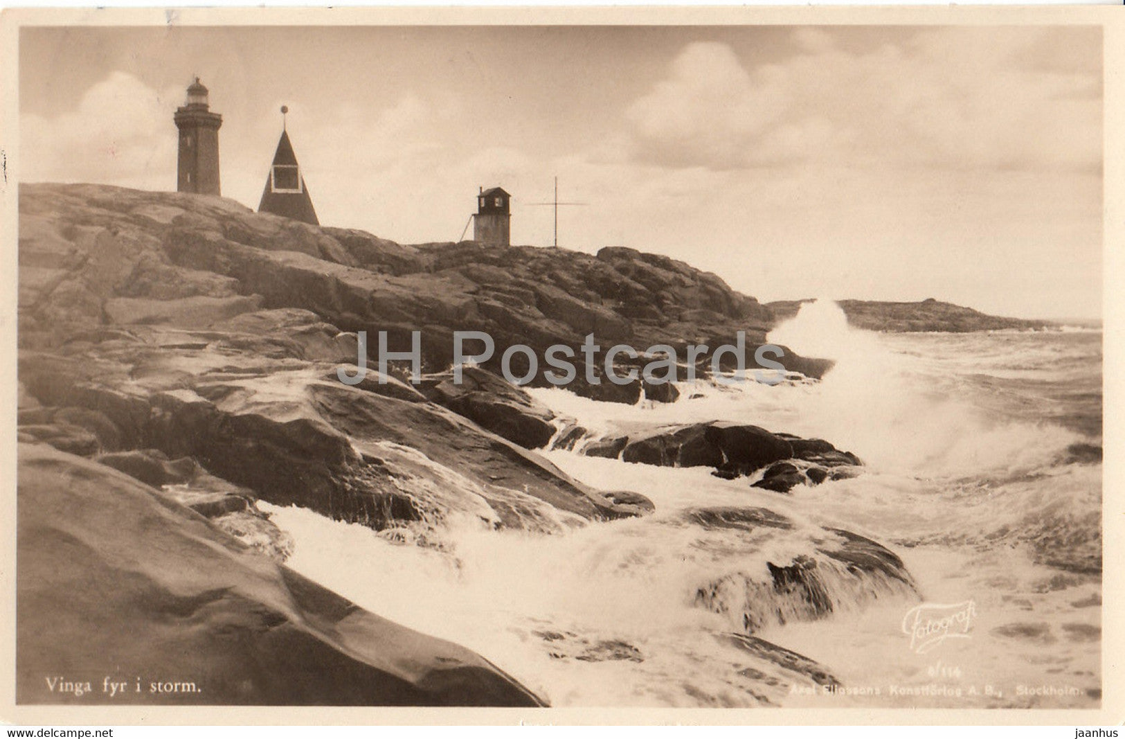 Vinga fyr i storm - lighthouse - old postcard - 1937 - Sweden - used - JH Postcards