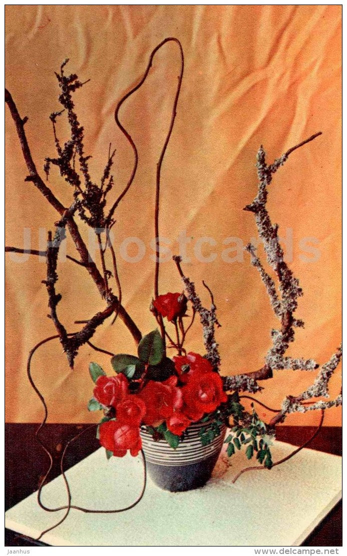 red roses - vase - branches - ikebana - flower composition - Decorative Bouquets - 1969 - Russia USSR - unused - JH Postcards