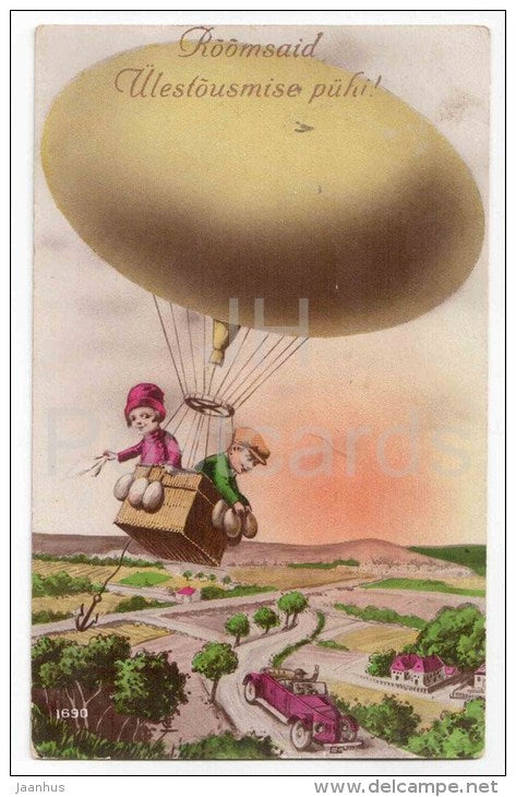 Easter Greeting Card - boy and girl - egg - balloon - old car - RIP 1690 - circulated in Estonia Tallinn 1930 - JH Postcards