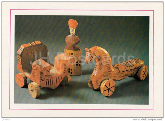 Pill-Along miniature Cart and Horse of painted carved wood - Russian Folk Toy - 1988 - Russia USSR - unused - JH Postcards