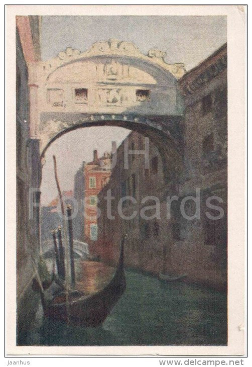 painting by N. Sokolov - Venice . Bridge of Sighs - Venezia - gondola - russian art - unused - JH Postcards