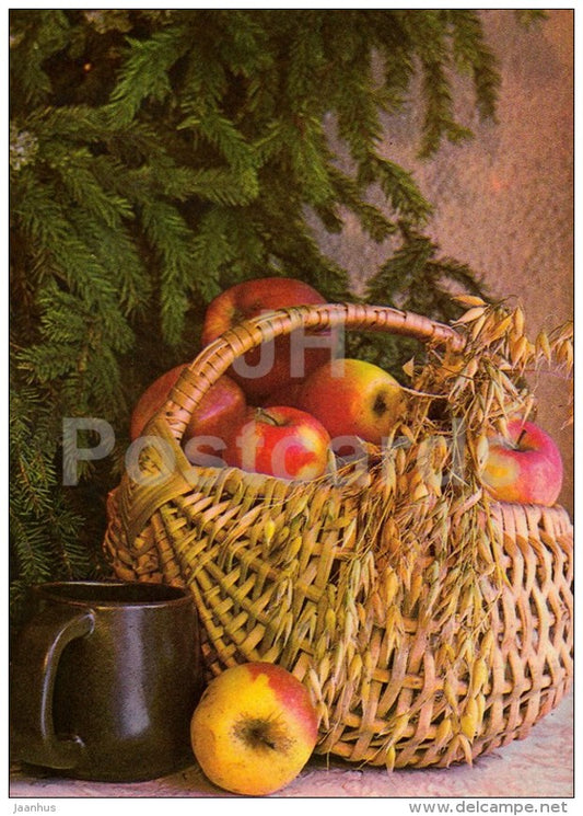 New Year Greeting card - 1 - apples - basket - cup - 1983 - Estonia USSR - used - JH Postcards