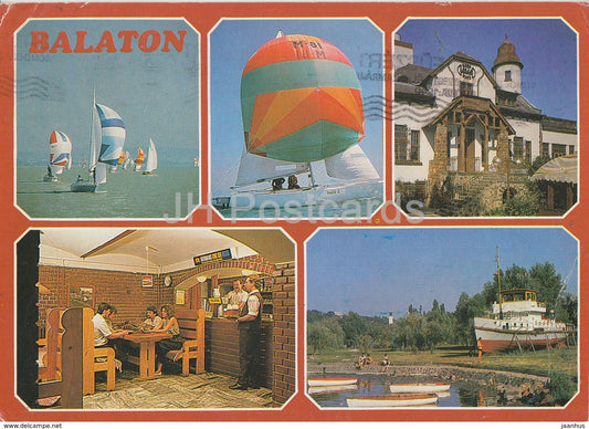 Greeting from lake Balaton - pub - sailing boat - multiview - 1989 - Hungary - used - JH Postcards