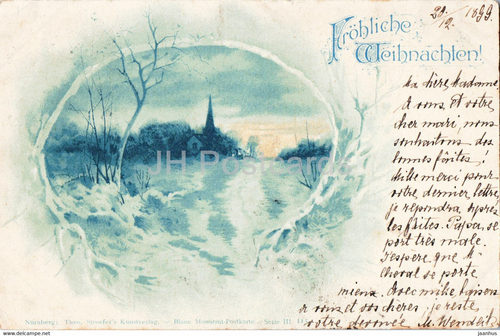 New Year Greeting Card - Frohliche Weihnachten - Theo Stroefer's Kunstverlag - old postcard - 1899 - Austria - used - JH Postcards