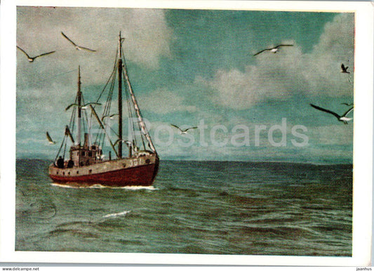 Ventspils - Fishermen returning home - ship - old postcard - 1957 - Latvia USSR - unused - JH Postcards