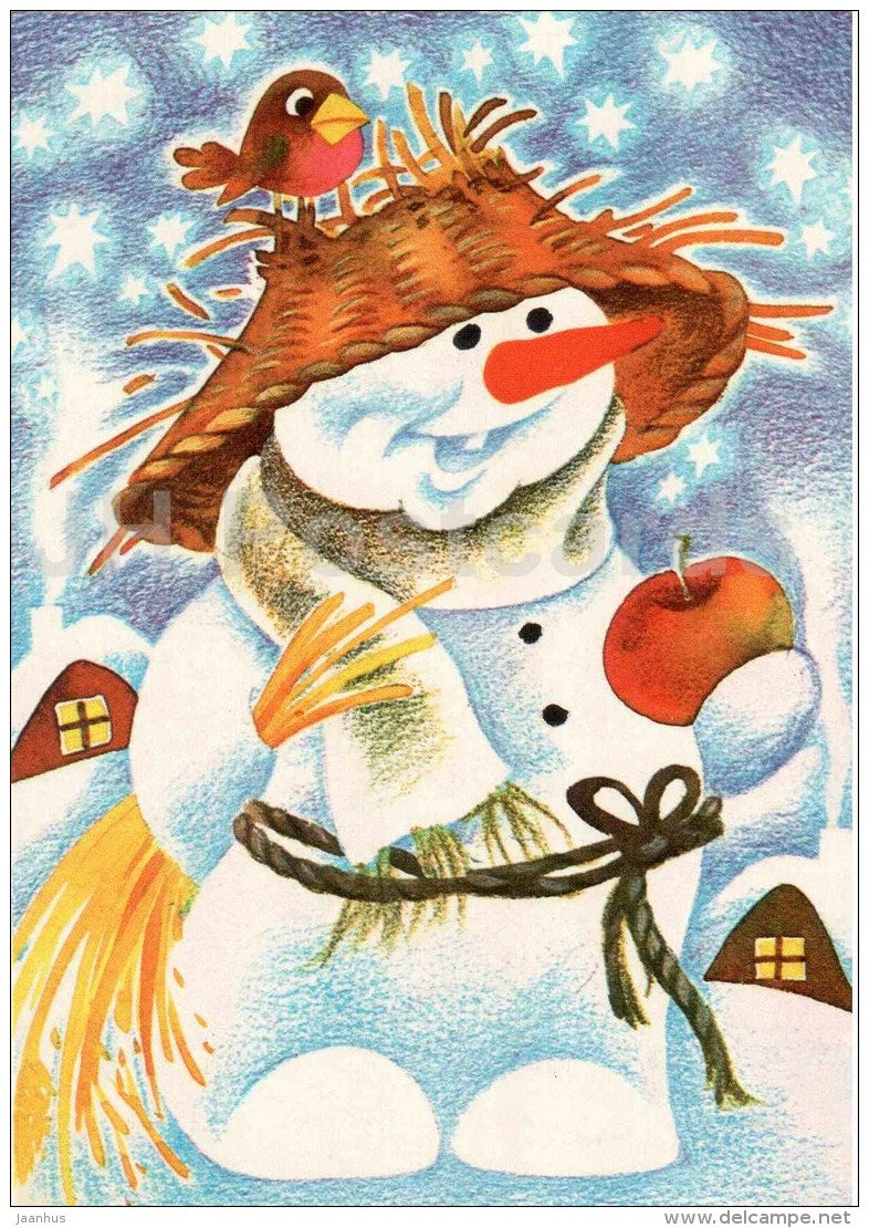 illustration by Ü. Meister - snowman - apple - 1989 - Estonia USSR - unused - JH Postcards