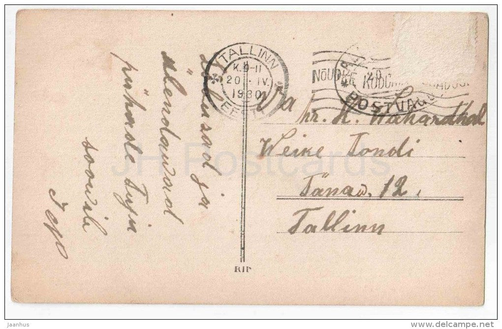 Easter Greeting Card - boy and girl - egg - balloon - old car - RIP 1690 - circulated in Estonia Tallinn 1930 - JH Postcards