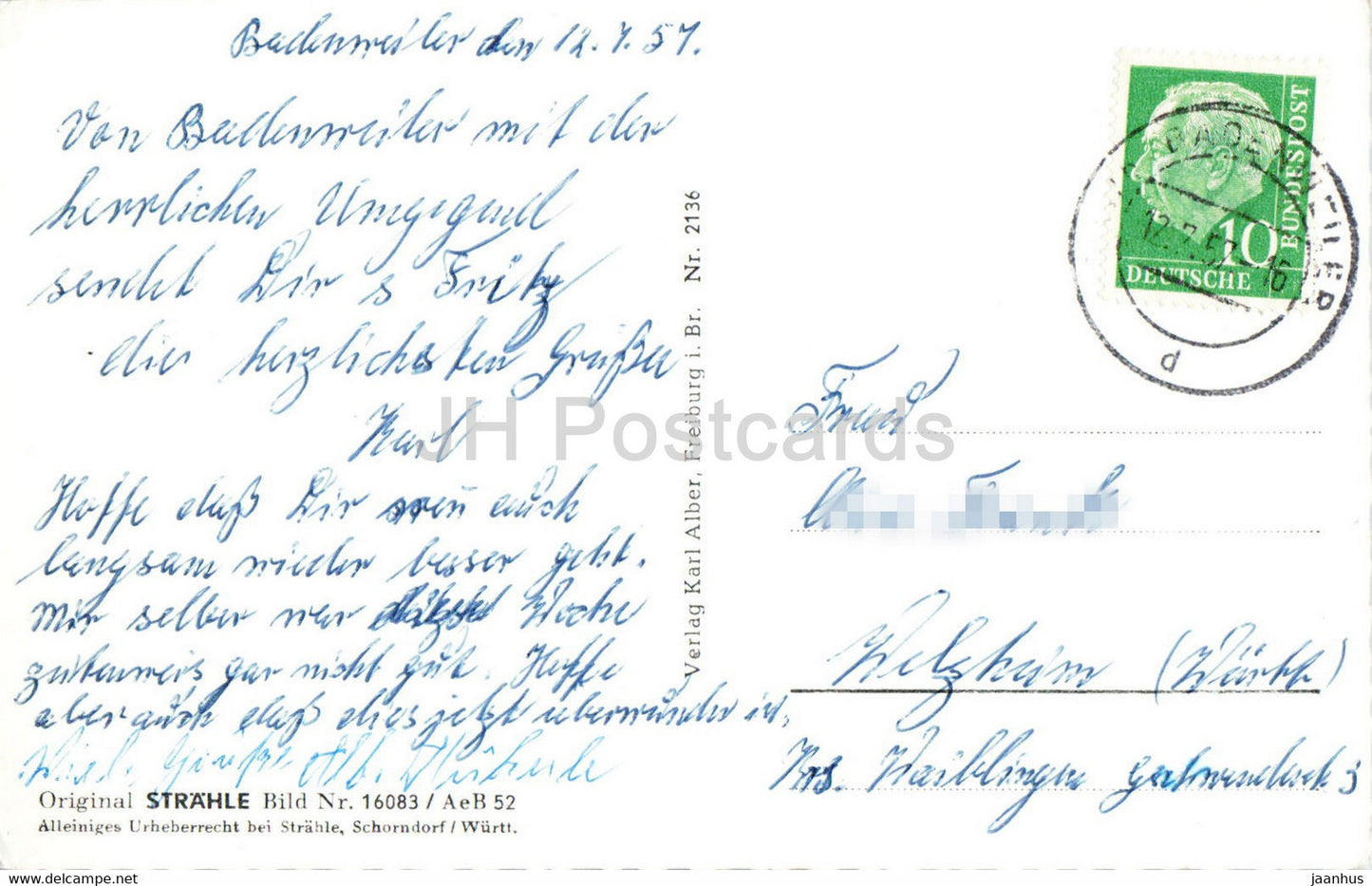 Kurhaus Hochblauen 1170 m - carte postale ancienne - 1957 - Allemagne - utilisé