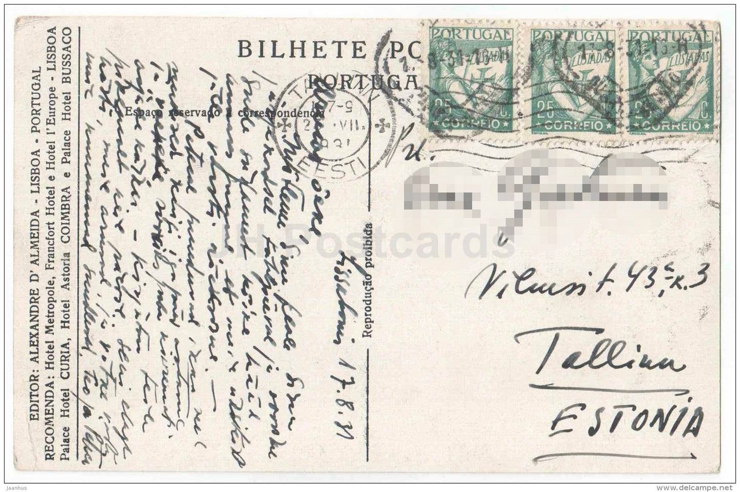 Palace hotel e Avenida - Curia - 71 - Portugal - sent from Portugal Lisboa to Estonia Tallinn 1931 - JH Postcards