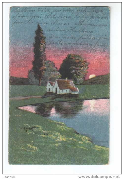 Illustration - House by the Lake - sunset - KOL - old postcard - used - JH Postcards