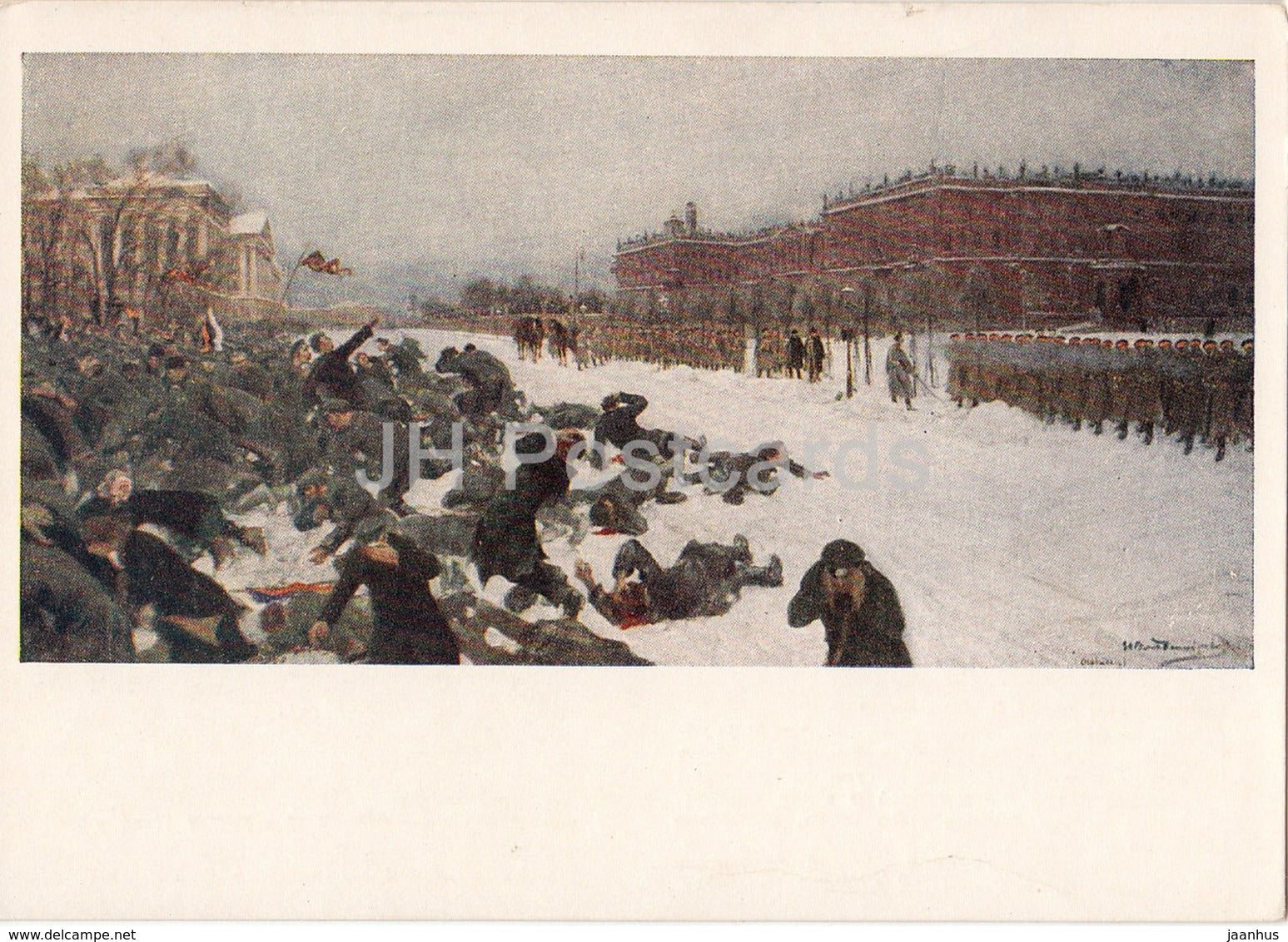 painting by I. Vladimirov - Shooting a demonstration in 1905 Winter Palace - Russian art - 1955 - Russia USSR - unused - JH Postcards
