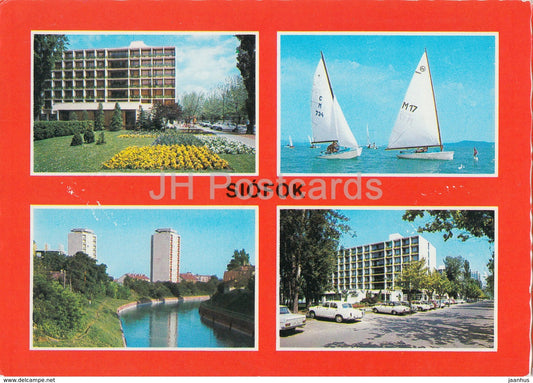 Siofok - hotel - sailing boat - cars - multiview - 1970s - Hungary - used - JH Postcards
