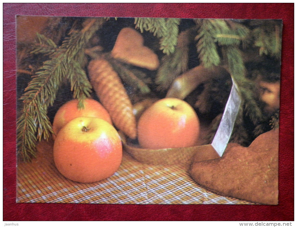New Year Greeting card - Gingerbread - apples - 1983 - Estonia USSR - used - JH Postcards
