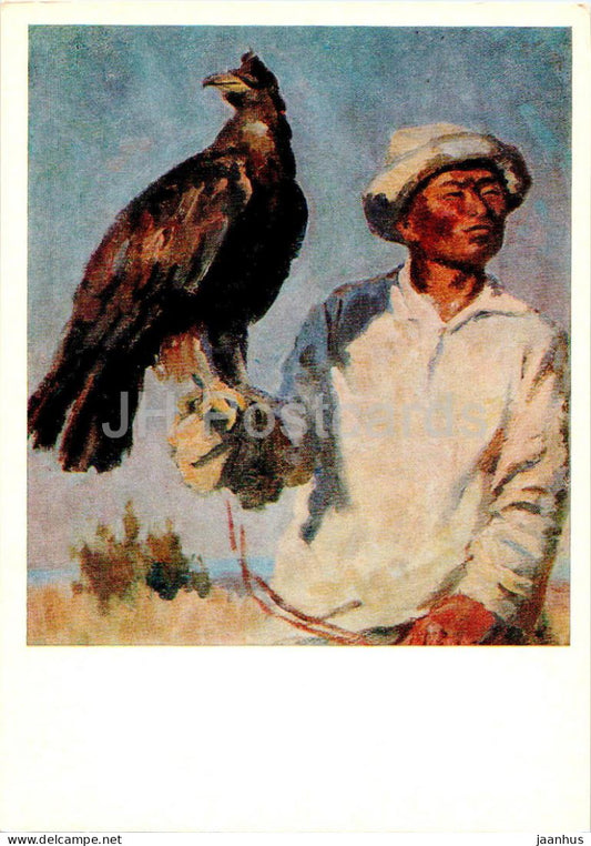 painting by S. Chuykov - Hunter with a golden eagle - bird - Kyrgyz art - 1975 - Russia USSR - unused - JH Postcards
