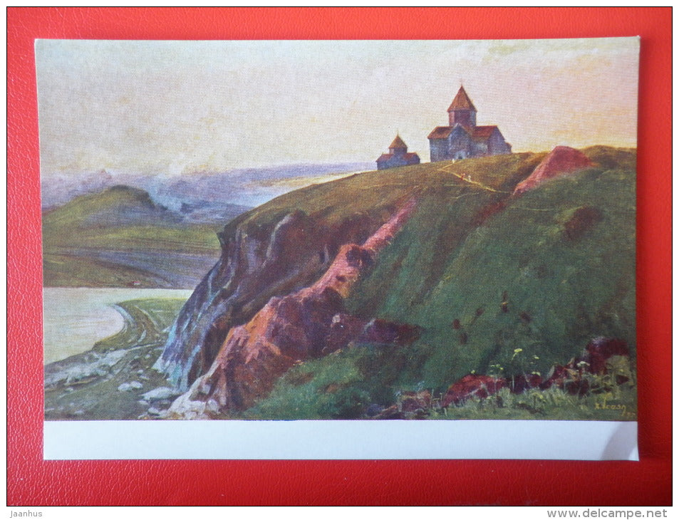 painting by H. Esayan . Evening at Sevan - church - armenian art - unused - JH Postcards