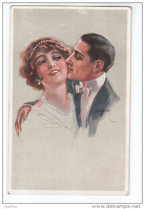 illustration by Usabal - couple - Man and Woman - WSSB 6441 - old postcard - circulated in Estonia - used - JH Postcards