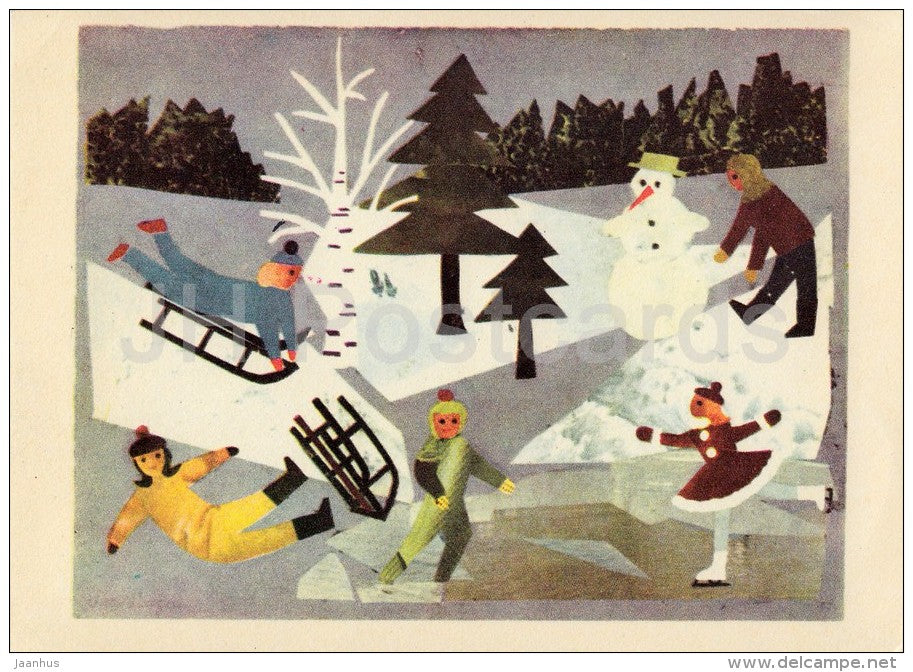 illustration by L. Luigas - Winter Joys - sledge - ice skating - 1970 - Estonia USSR - unused - JH Postcards