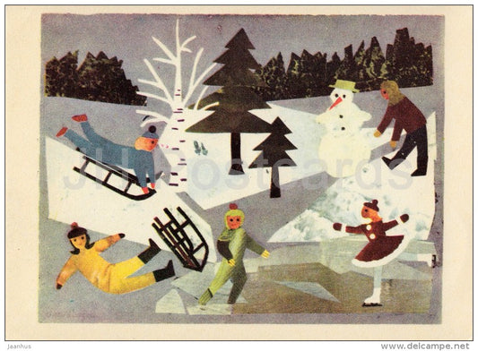 illustration by L. Luigas - Winter Joys - sledge - ice skating - 1970 - Estonia USSR - unused - JH Postcards