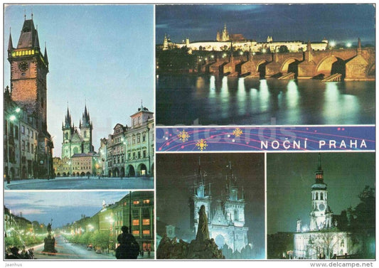 Prague at Night - Praha - Old Town Square - Hradcany - Charles Bridge - Loreta - Czechoslovakia - Czech - used 1975 - JH Postcards