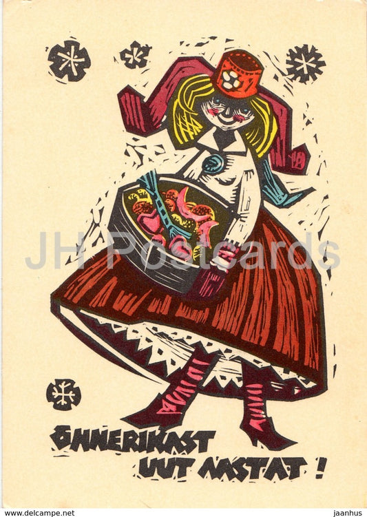 New Year Greeting Card by A. Vender - woman in Estonian Folk Costumes - 1968 - Estonia USSR - unused - JH Postcards