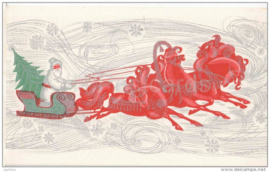 New Year Greeting Card - illustration - Ded Moroz - Santa Claus - horse - sledge - troika - 1969 - Russia USSR - used - JH Postcards