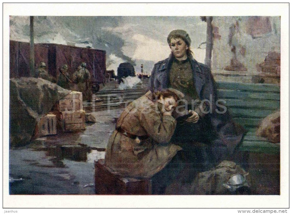 painting by V. Artamonov - On the Roads of War , 1959-60 - woman - soldiers - russian art - unused - JH Postcards
