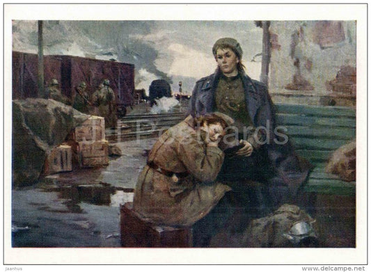 painting by V. Artamonov - On the Roads of War , 1959-60 - woman - soldiers - russian art - unused - JH Postcards