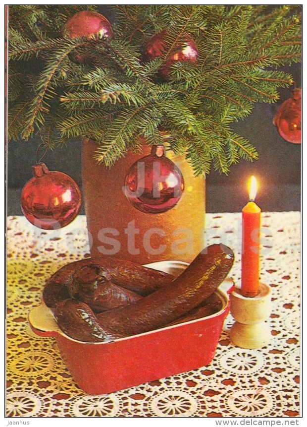 New Year Greeting card - 2 - candle - decorations - blood pudding - 1982 - Estonia USSR - used - JH Postcards