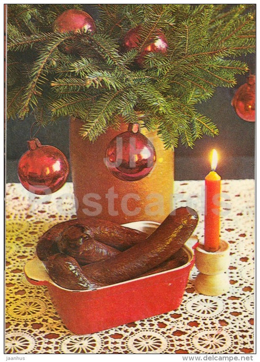 New Year Greeting card - 2 - candle - decorations - blood pudding - 1982 - Estonia USSR - used - JH Postcards