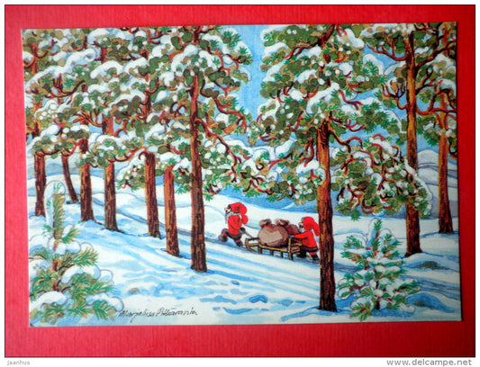 Christmas Greeting Card by Marjaliisa Pitkäranta - dwarfs - sledge - gifts - Finland - circulated in Finland - JH Postcards