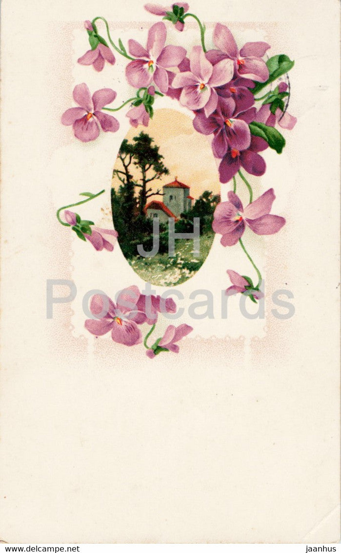 castle - flowers - illustration - Ser 16185 - old postcard - Germany - used - JH Postcards