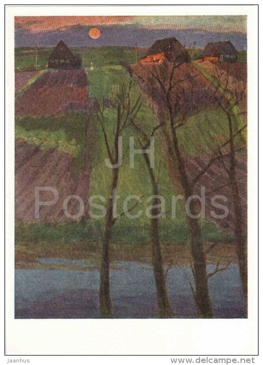 painting by V. Gavrolov - Evening near Valday , 1964 - village - russian art - unused - JH Postcards