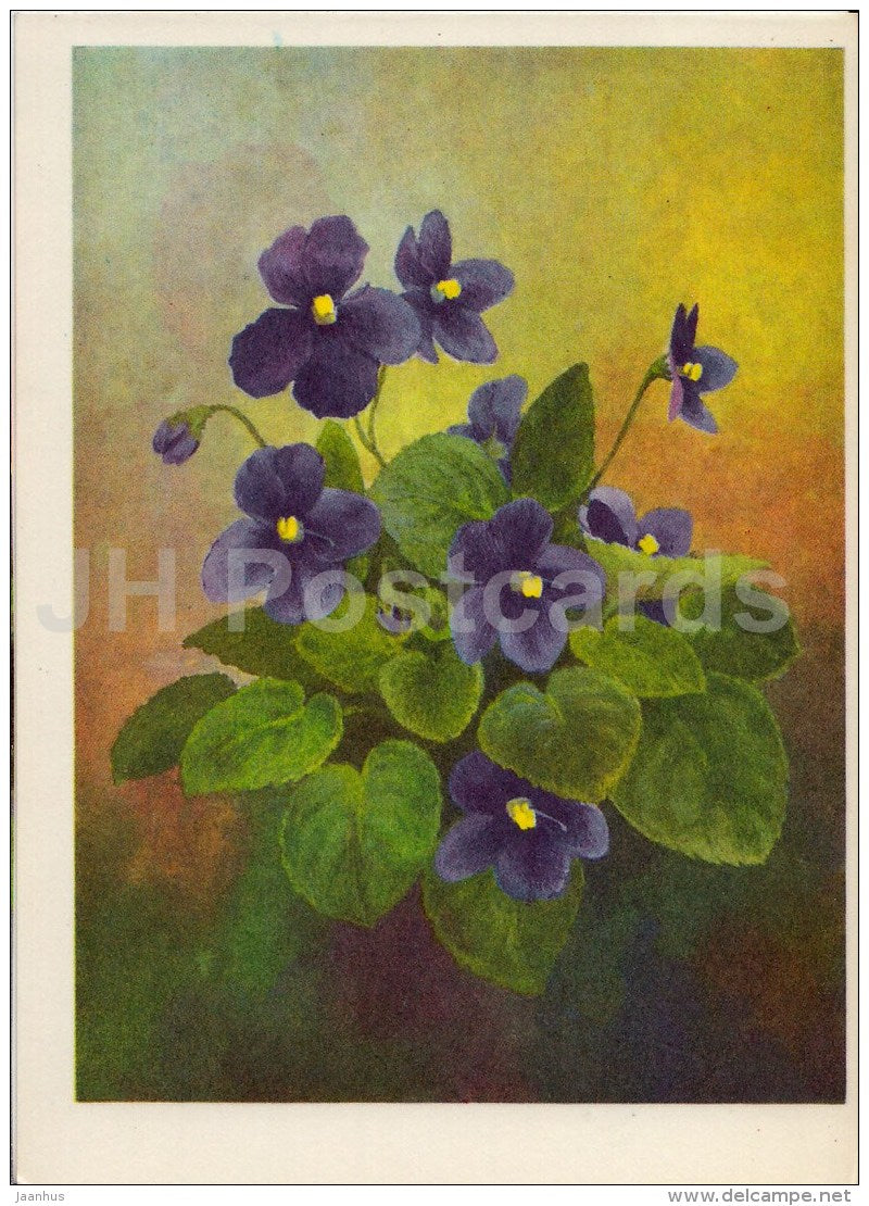 illustration by Y. Ryahovsky - Violets - flowers - 1977 - Russia USSR - used - JH Postcards