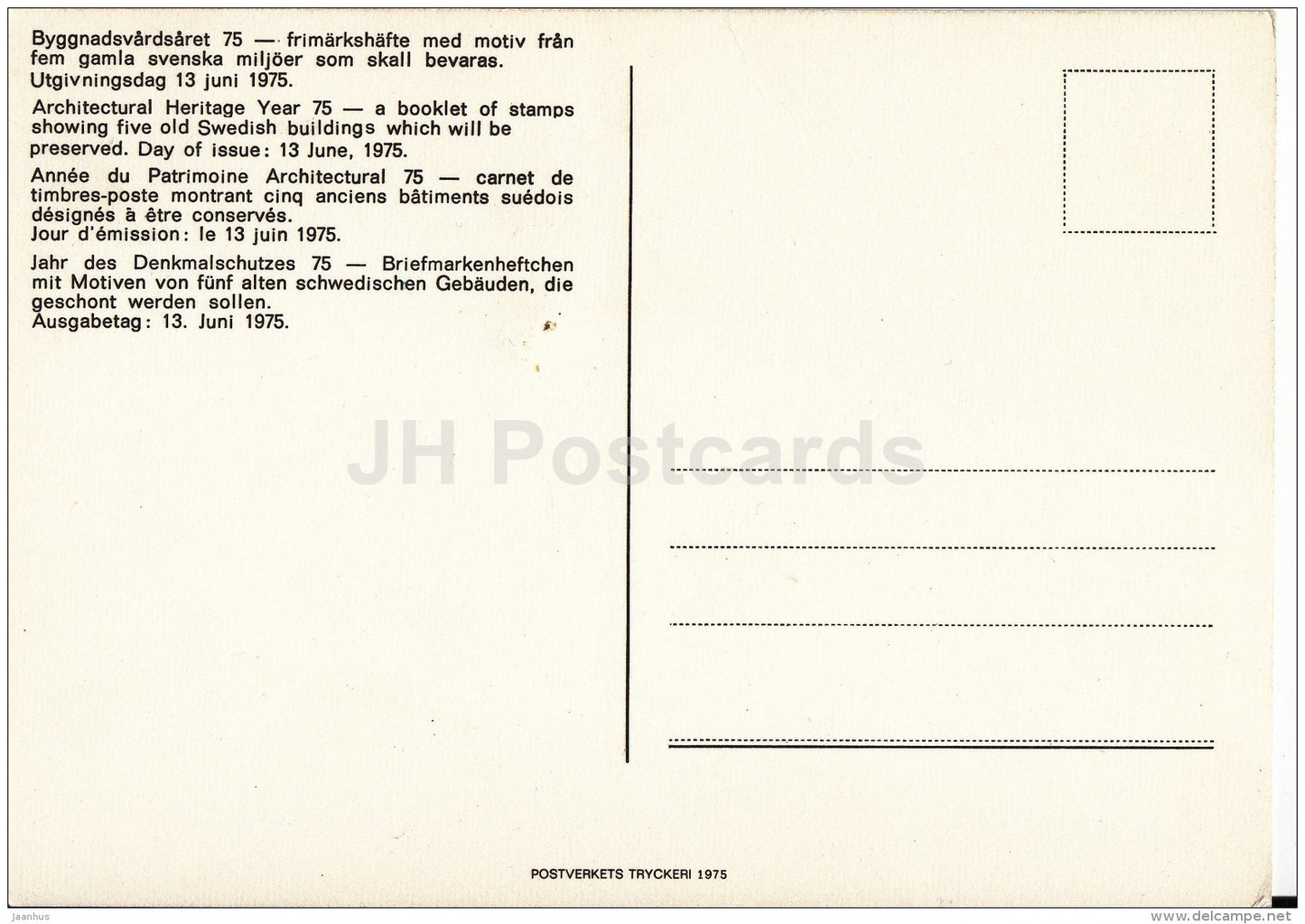 Architectural Heritage Year 75 - a booklet of stamps - 1975 - Sweden - unused - JH Postcards