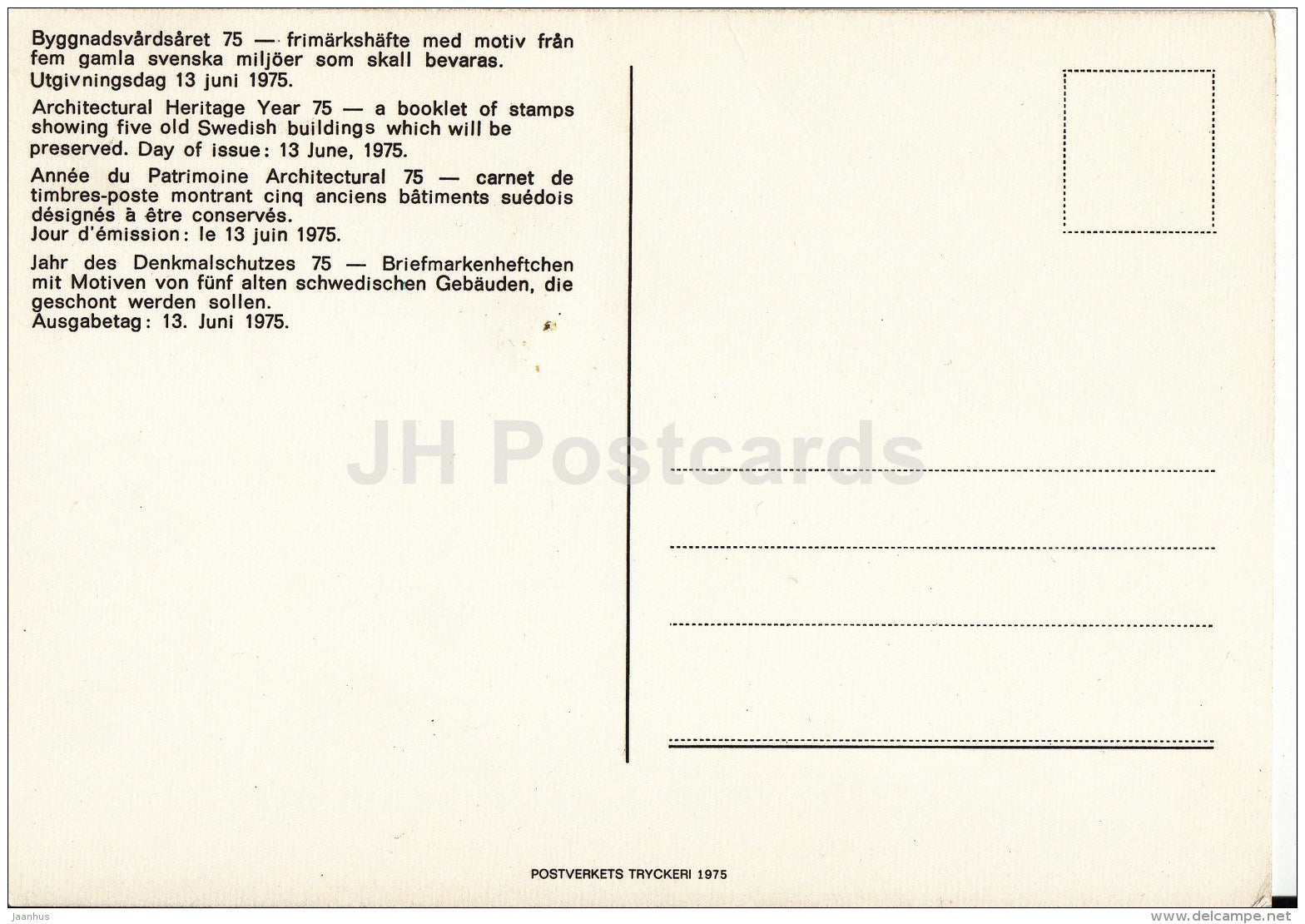 Architectural Heritage Year 75 - a booklet of stamps - 1975 - Sweden - unused - JH Postcards