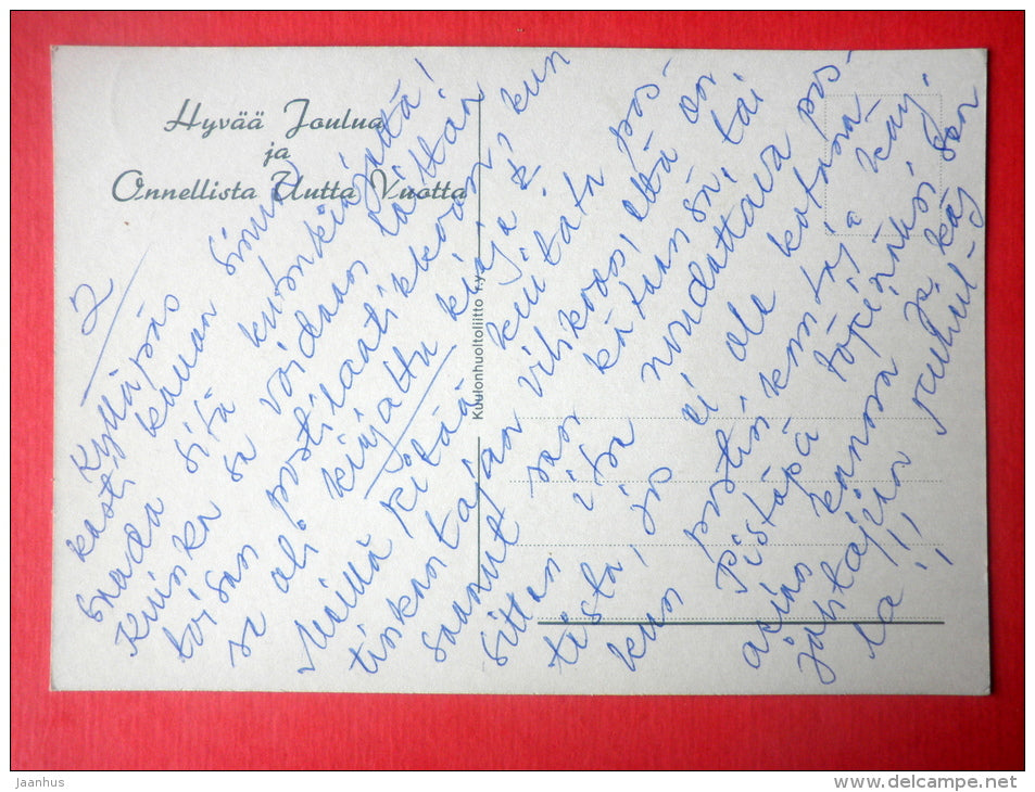 Christmas Greeting Card by Marjaliisa Pitkäranta - dwarfs - sledge - gifts - Finland - circulated in Finland - JH Postcards