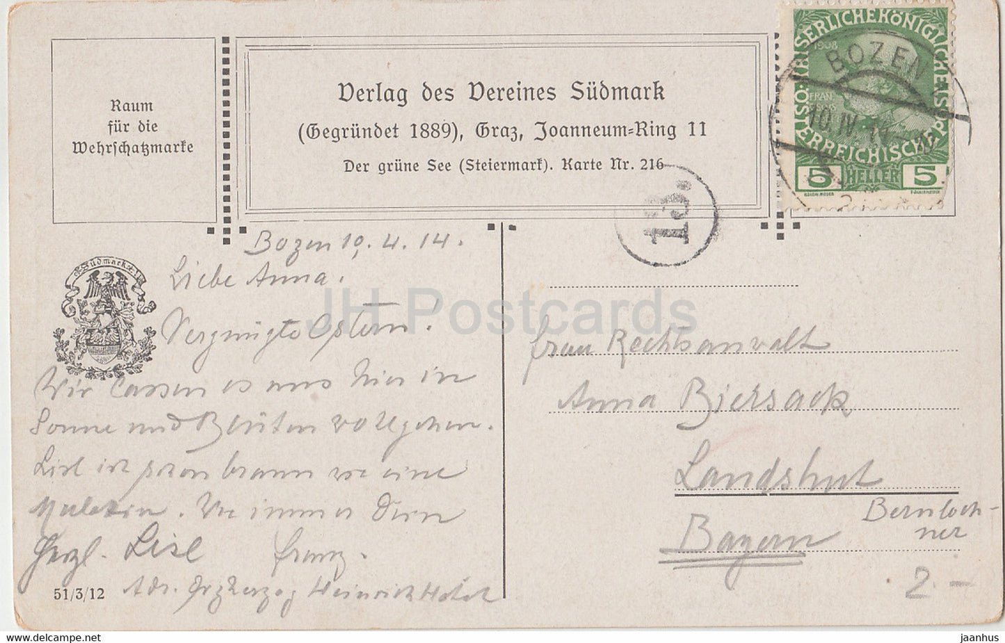 Der Grune See - Steiermark - illustration - Vereines Sudmark - 216 - old postcard - 1914 - Austria - used