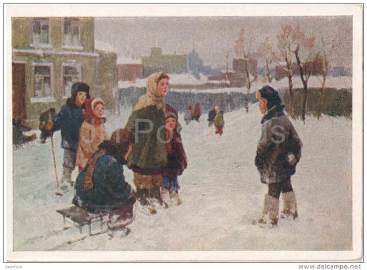 painting by V. Stepanov - Bully - children - sledge - russian art - unused - JH Postcards