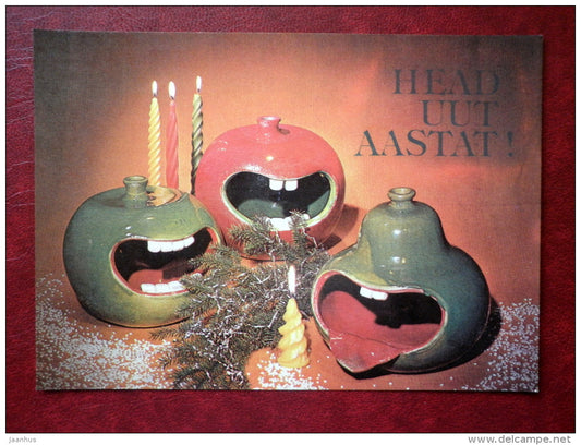 New Year Greeting card - ceramic faces - candles - 1981 - Estonia USSR - used - JH Postcards