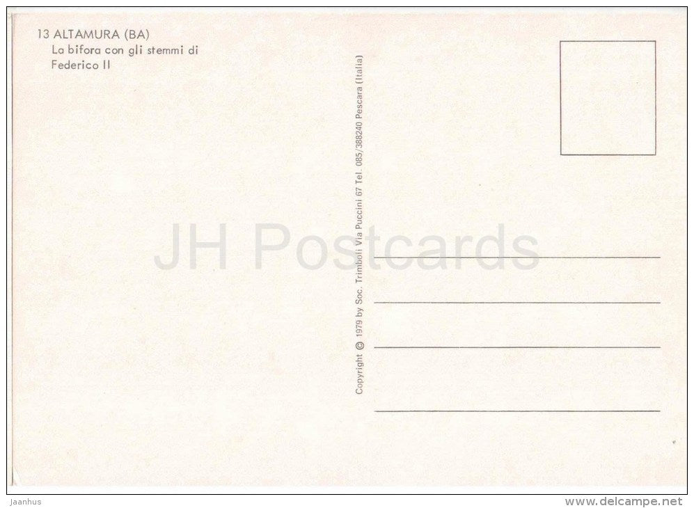 La bifora con gli stemmi di Federico II - coat of arms of Federico II - Altamura - Puglia - 13 - Italia - Italy - unused - JH Postcards