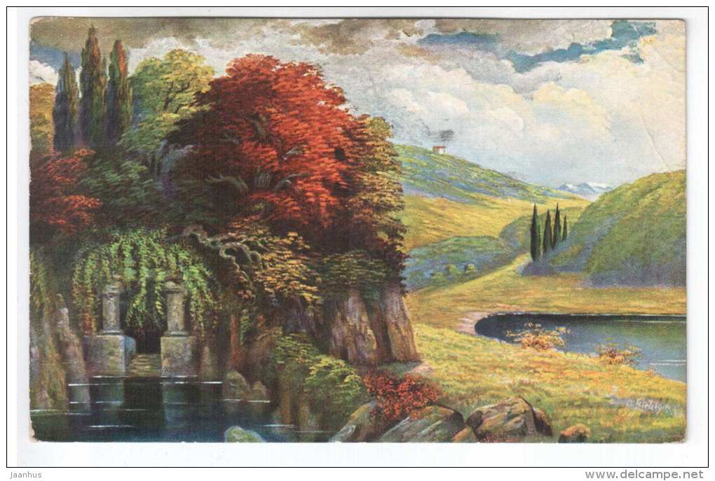 illustration by Fiebiger - grotto , mountains - Amag 1166 - old postcard - circulated in Estonia 1931 , Paide - used - JH Postcards