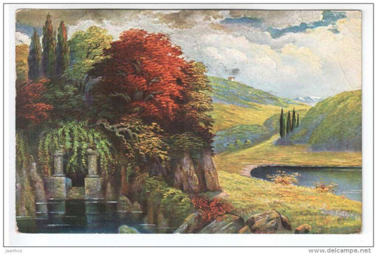 illustration by Fiebiger - grotto , mountains - Amag 1166 - old postcard - circulated in Estonia 1931 , Paide - used - JH Postcards