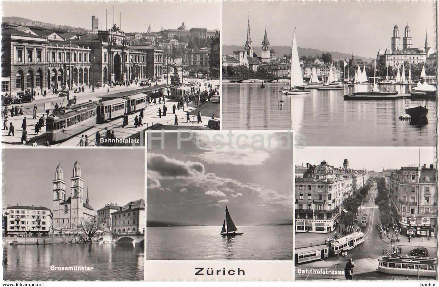 Zurich - Bahnhofplatz - Grossmunster - Bahnhofstrasse - tram - boat - 9222 - Switzerland - unused - JH Postcards
