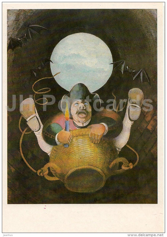 illustration by O. Kondakova - solder in the well - Blue Light - Brothers Grimm Fairy Tale - 1986 - Russia USSR - unused - JH Postcards