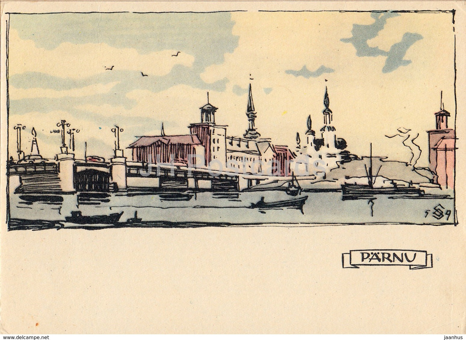 view from the river - bridge - Parnu - Illustration by O. Soans - 1960 - Estonia USSR - unused - JH Postcards