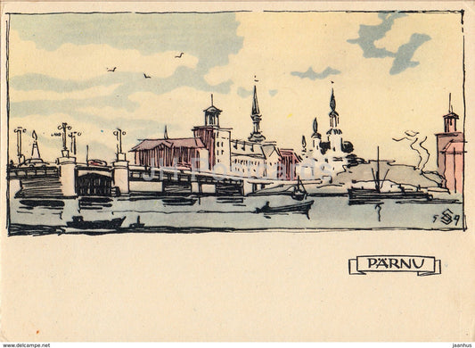 view from the river - bridge - Parnu - Illustration by O. Soans - 1960 - Estonia USSR - unused - JH Postcards