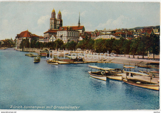Zurich - Sonnenquai mit Grossmunster - cathedral - boat - 1938 - Switzerland - used - JH Postcards