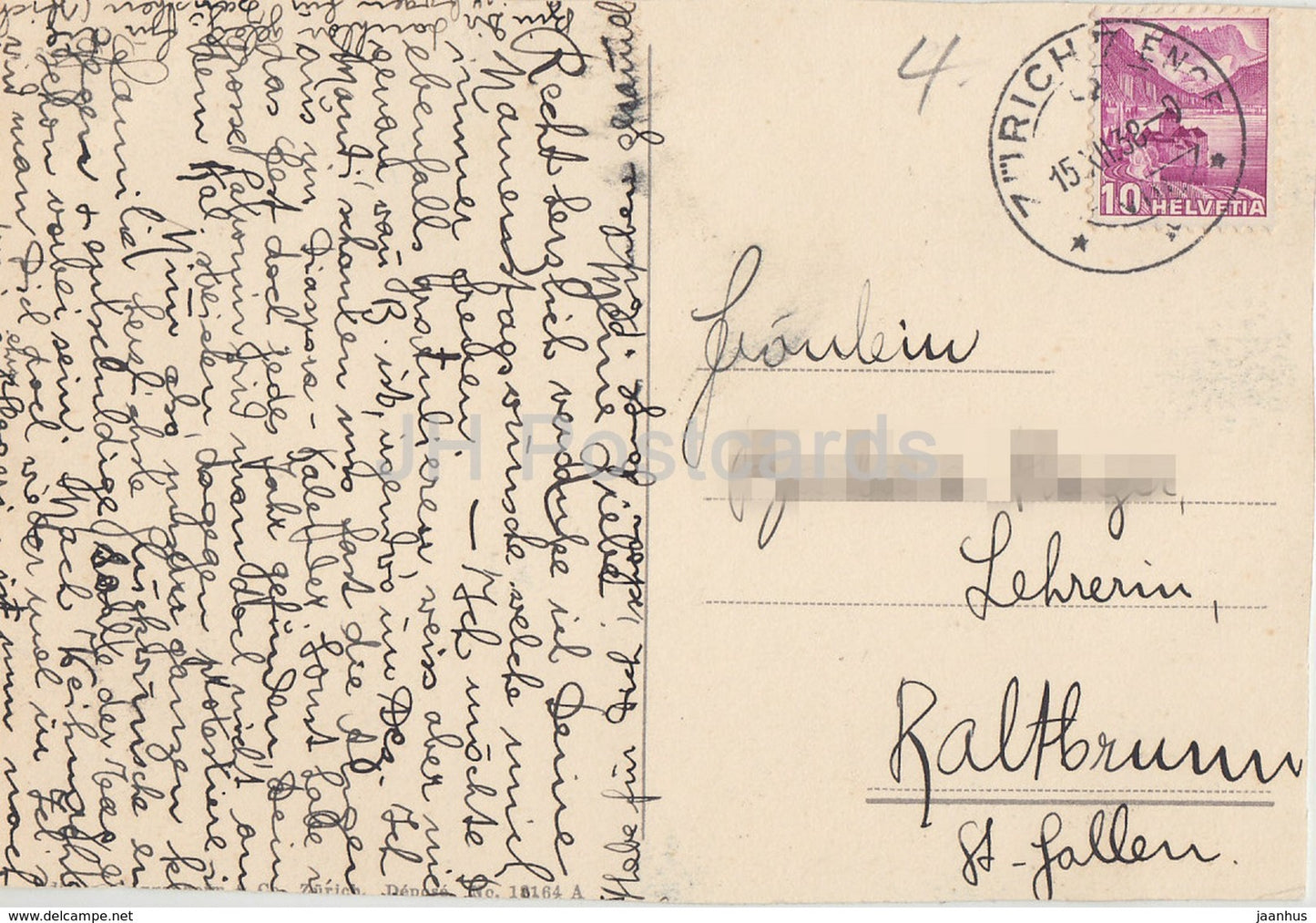 Zurich - Sonnenquai mit Grossmunster - cathedral - boat - 1938 - Switzerland - used